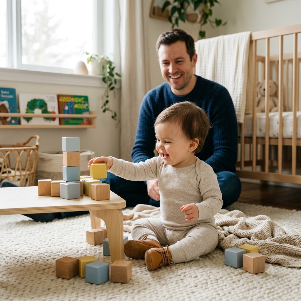 A baby in a beige outfit sits on a cream rug in a nursery, stacking wooden blocks on a small table while a smiling father sits behind him.
