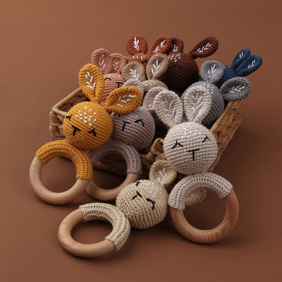 Wooden Crochet Bunny Rattle Toy.