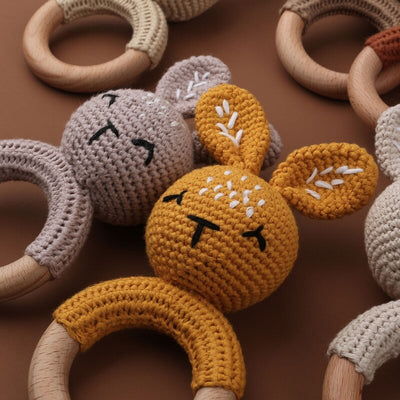 Wooden Crochet Bunny Rattle Toy.