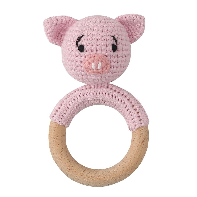 Wooden Crochet Bunny Rattle Toy.