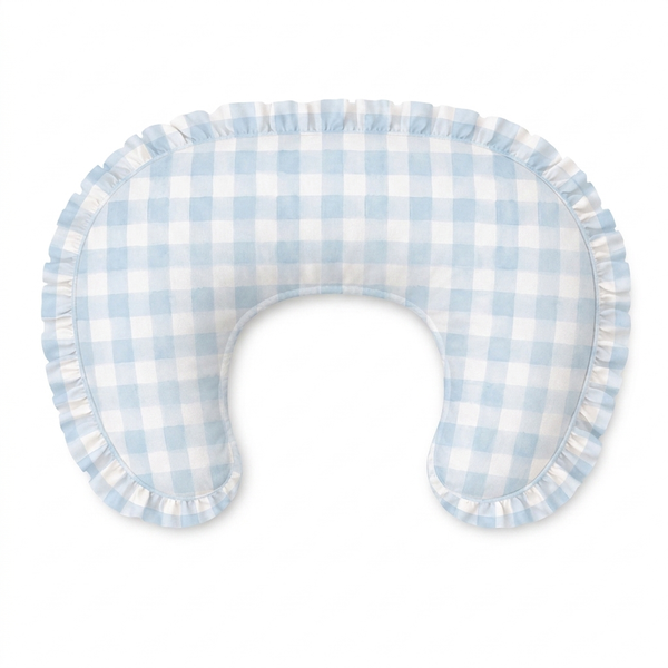 Light Blue Checkered Ruffle Baby Nursing Pillow Cover