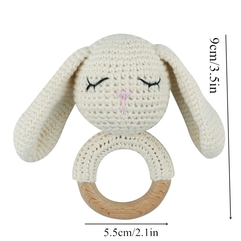 Wooden Crochet Bunny Rattle Toy.