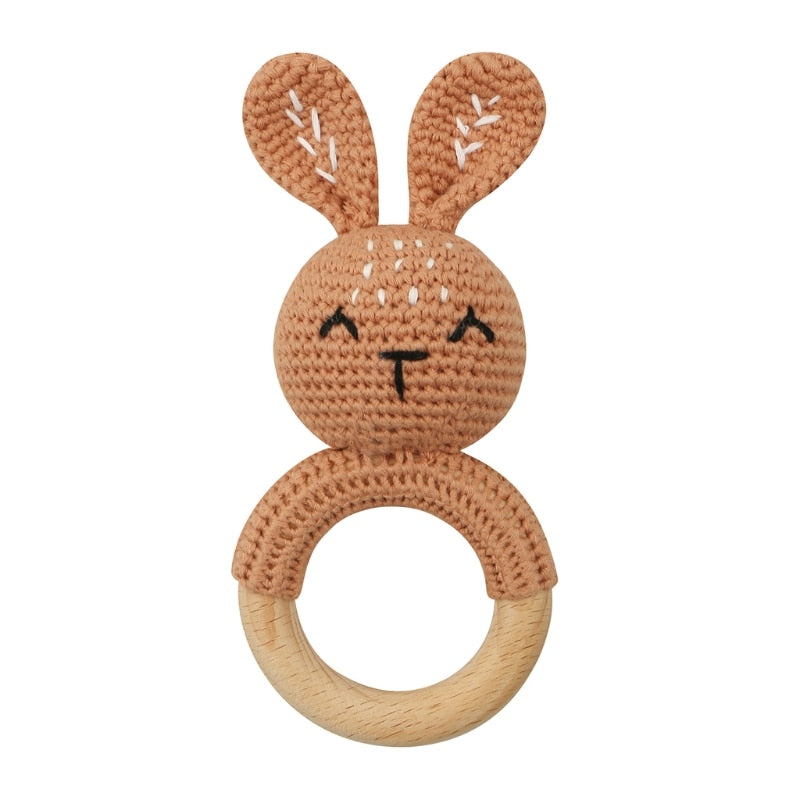 Wooden Crochet Bunny Rattle Toy.