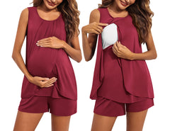 Women's Maternity Nursing Pajamas Sleeveless Shorts Set