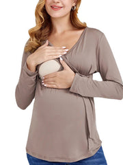 Women's Solid Color V Neck Long Sleeve Nursing Dress