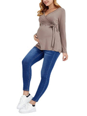 Women's Solid Color V Neck Long Sleeve Nursing Dress