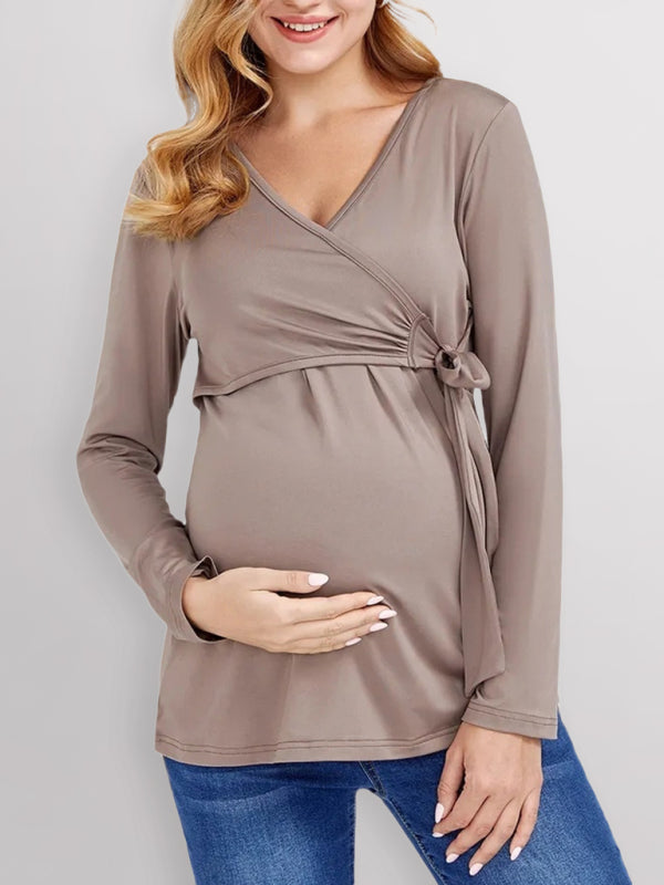 Women's Solid Color V Neck Long Sleeve Nursing Dress