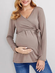 Women's Solid Color V Neck Long Sleeve Nursing Dress