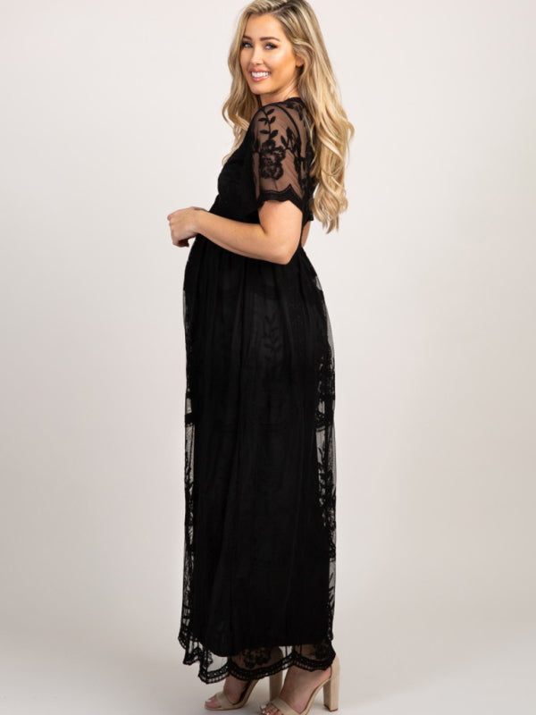 Women's Maternity Lace Short Sleeve V Neck Dress