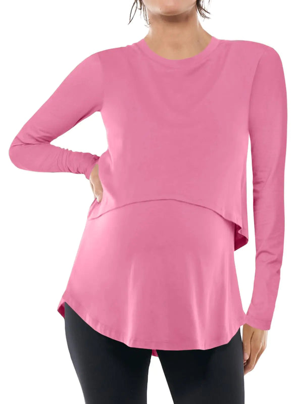 Women's Pink Long Sleeve Double Layer Nursing Shirt