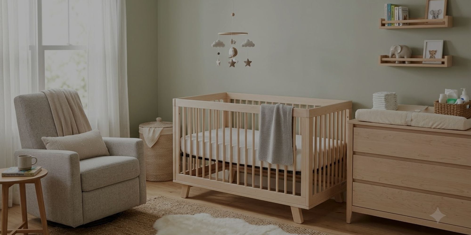 A light natural wood crib in a styled nursery setting, shown alongside a matching wooden changing table, a beige armchair, and a soft gray blanket.