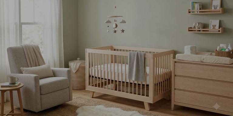 A light natural wood crib in a styled nursery setting, shown alongside a matching wooden changing table, a beige armchair, and a soft gray blanket.