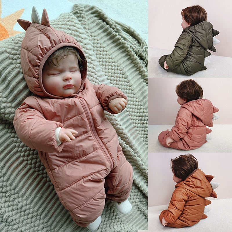 Baby Early Winter Jumpsuits Dinosaur Cotton Padded Infants Hooded Zipper Rompers Newborn Warm Lightweight Onepiece Clothes