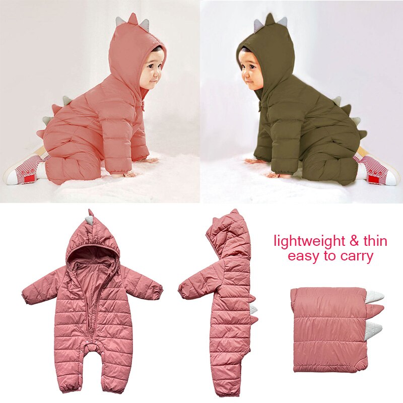 Baby Early Winter Jumpsuits Dinosaur Cotton Padded Infants Hooded Zipper Rompers Newborn Warm Lightweight Onepiece Clothes