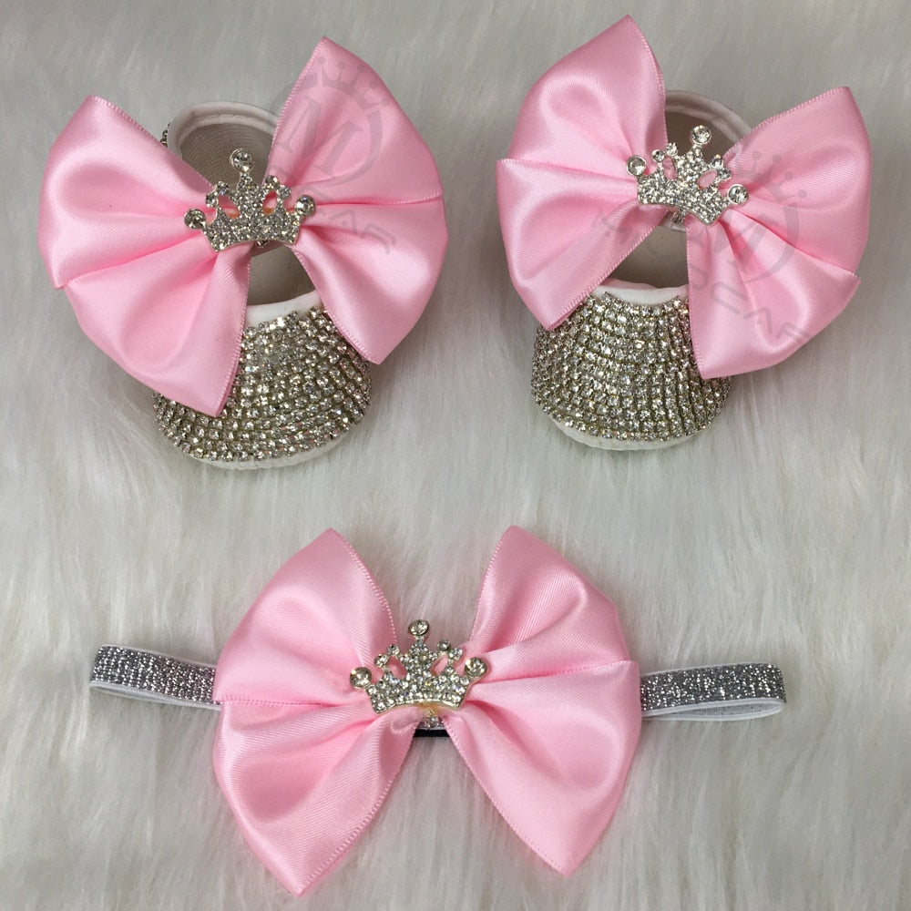 MIYOCAR bling Rhinestones baby girl shoes first walker headband set Sparkle Bling crystals Princess shoes baby shower gift SH3